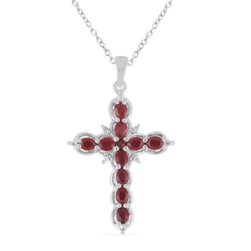 BUY NATURAL GLASS FILLED RUBY GEMSTONE CROSS PENDANT IN STERLING SILVER